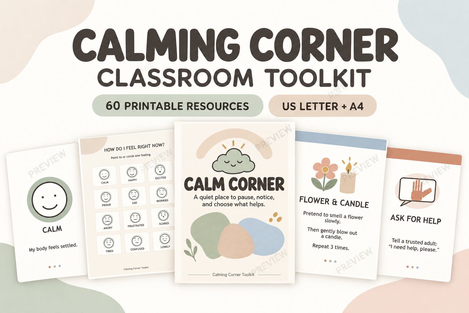 Calming Corner Classroom Toolkit with 60 Boho Neutral printable resources