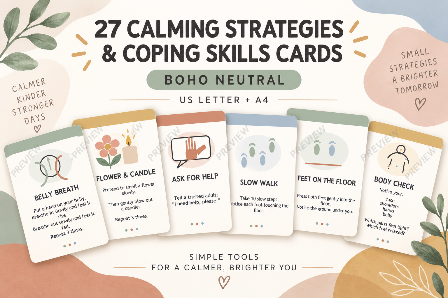 27 Boho Neutral coping skills cards for classroom calm corners