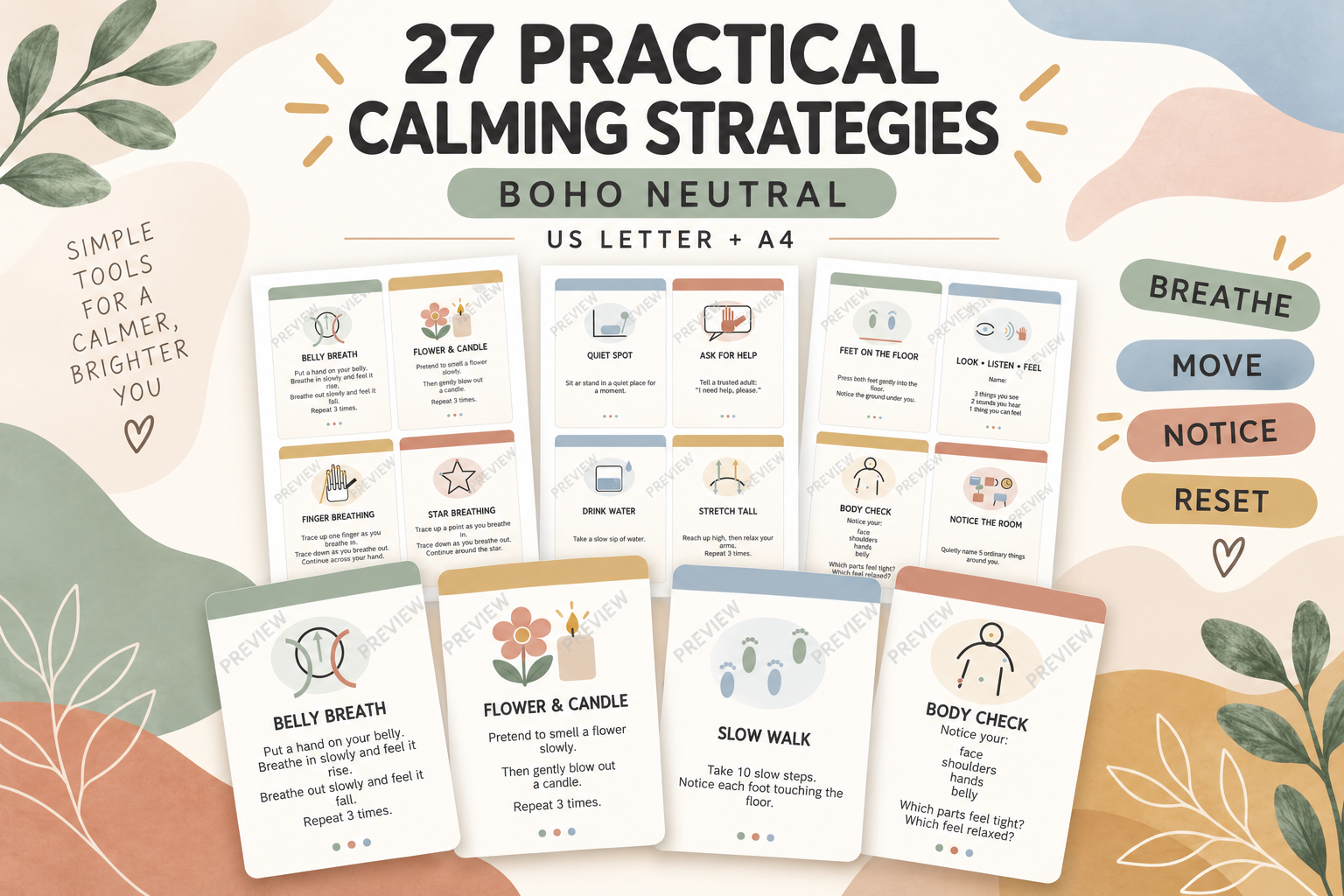 27 Coping Skills Cards - Boho Neutral preview 3