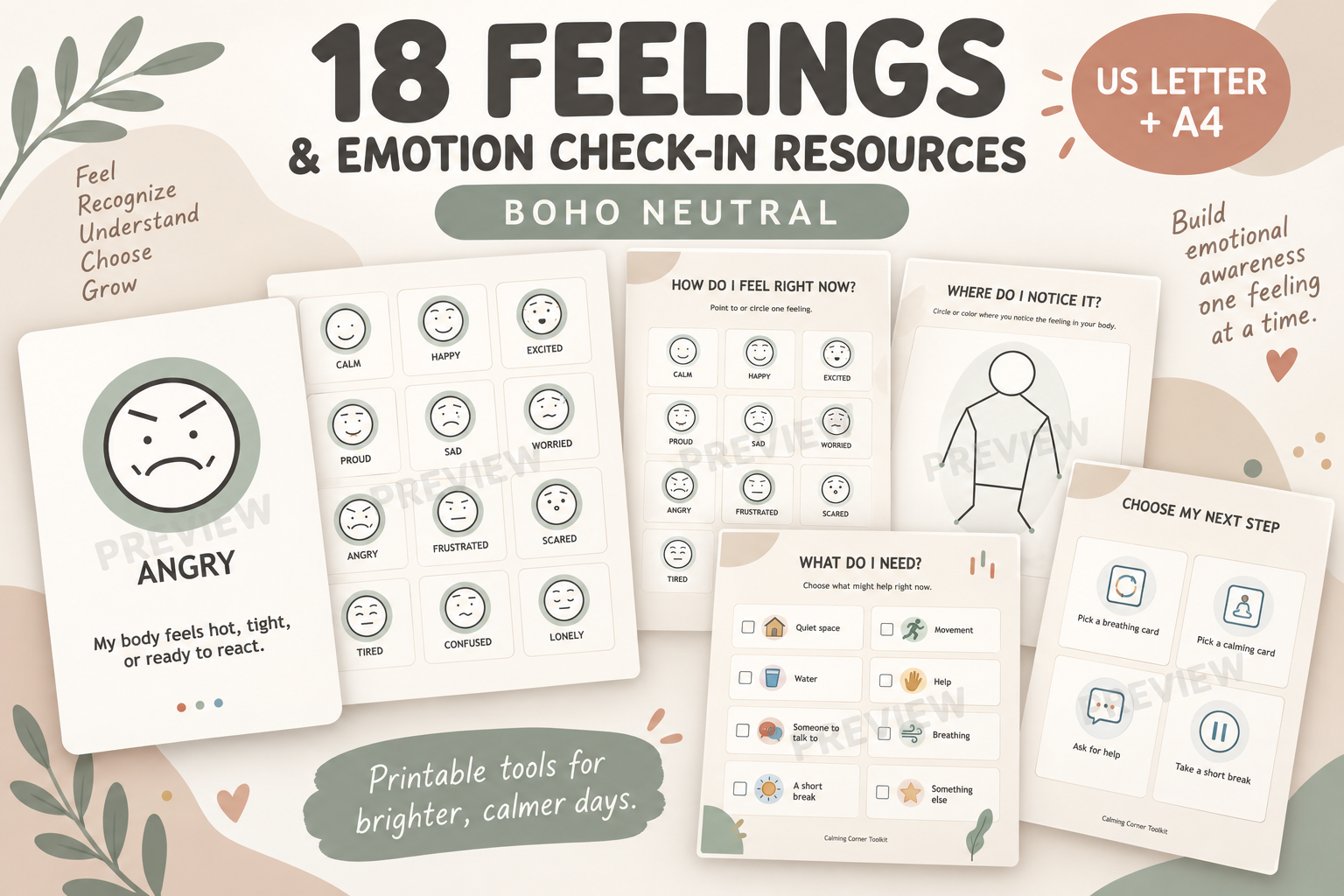 18 Boho Neutral feelings and emotion check-in classroom resources